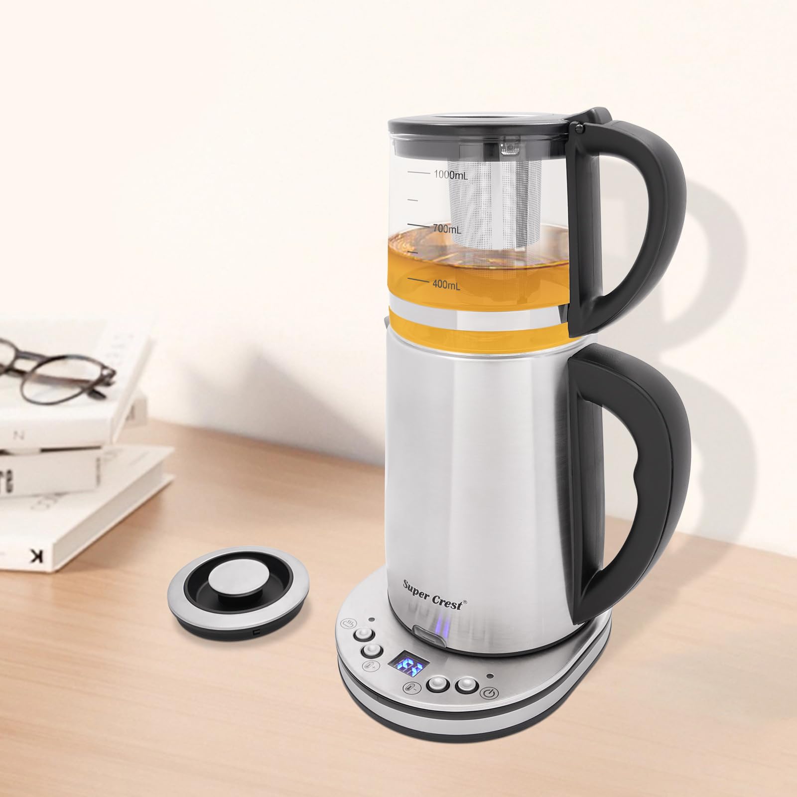 Bollitore elettrico in acciaio inox, 1500 W, vetro di sicurezza, 2,5 l, doppio bollitore con display LCD e regolazione della temperatura, pratico, 2 in 1, bollitore per la casa e l'ufficio