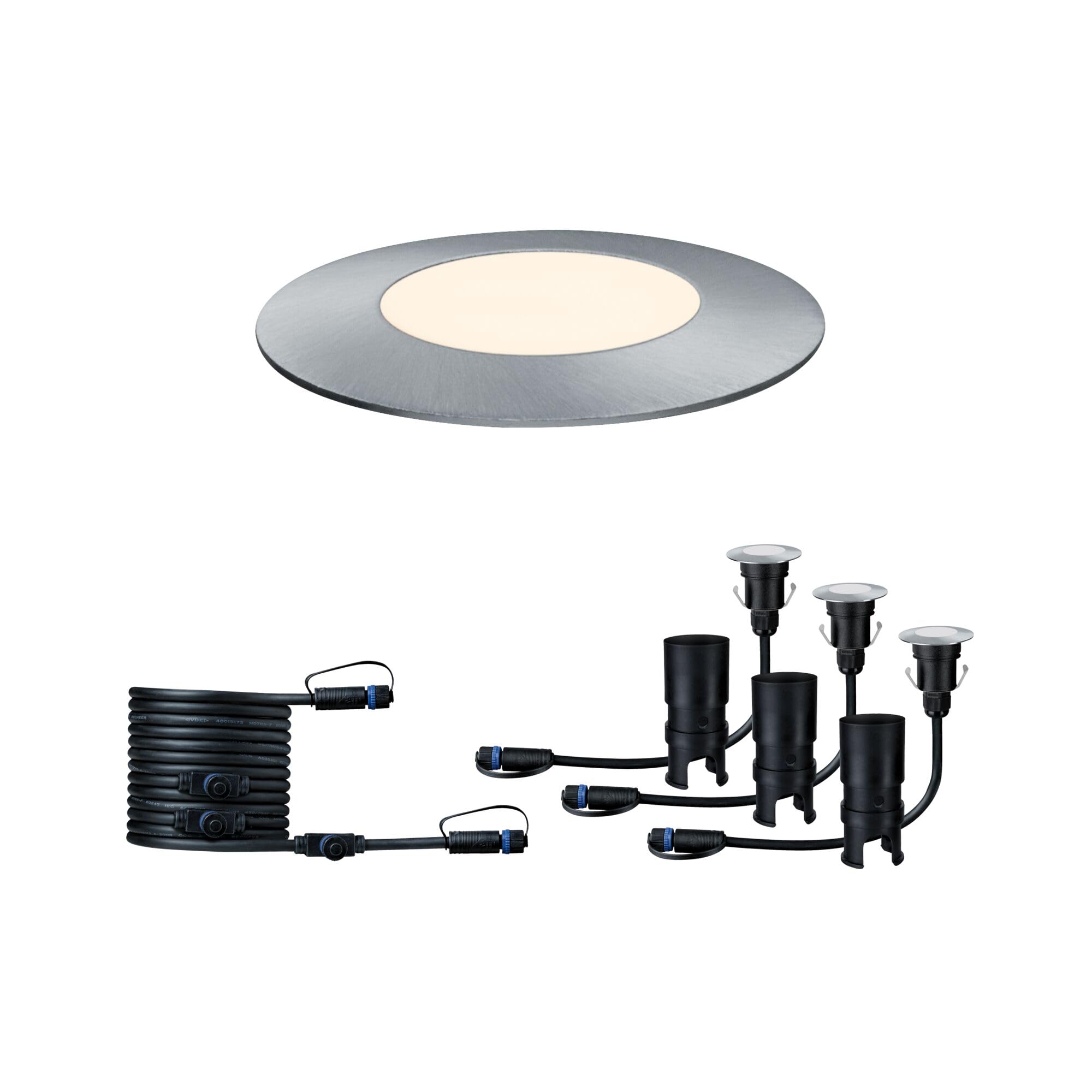 Paulmann 93949 Outdoor Plug&Shine Kit encastrés sol LED, IP67, 3000K, 3x2,5W, 24V, 55 mm, Argent inoxydable, Plastique