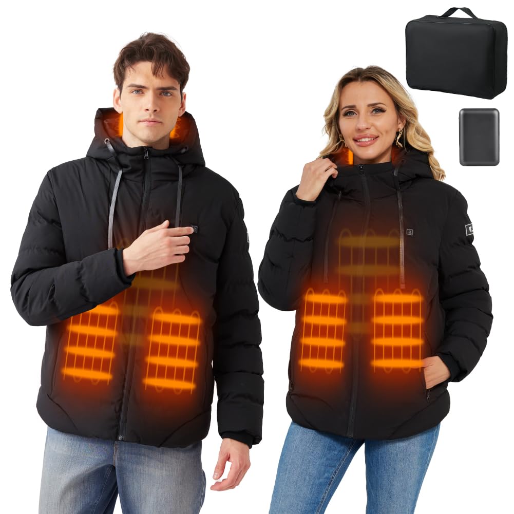 Giubbotto Riscaldato Uomo Donna con Batteria 10000mAh, Giacca Riscaldata con Cappuccio Invernale Calda con 3 Livelli di Riscaldamento, USB Cappotti Impermeabile per Moto, Pesca, Attività all'aperto