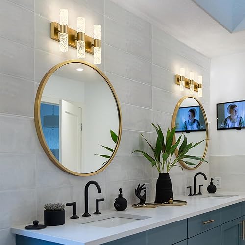 Miniatura 2 de Lámpara de baño dorada, moderna lámpara de tocador dorada para baño, 6 luces de cristal para baño, aplique de pared LED de 27 W, 3000 K, blanco