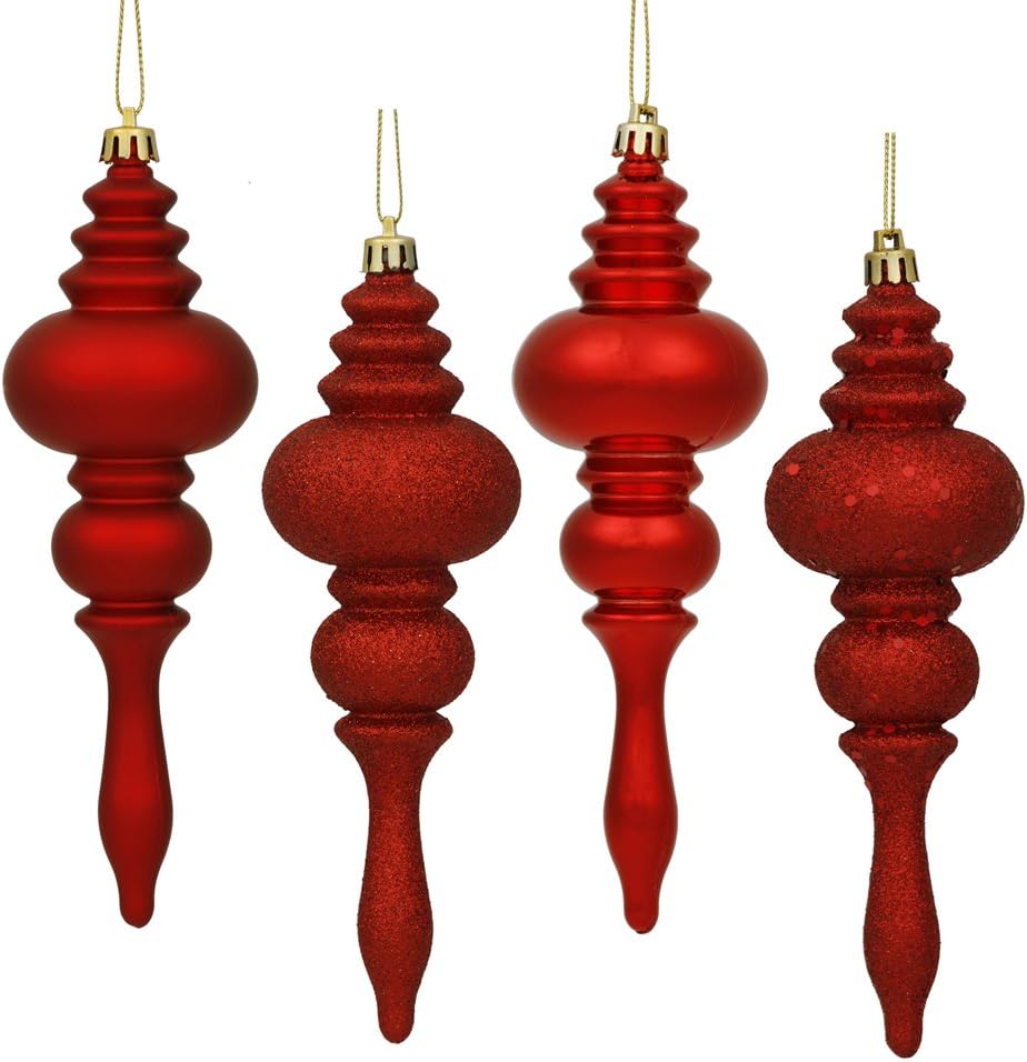 Vickerman 7" 4-Finish Finial Ornament, Shatterproof Plastic Christmas Tree Decoration, 8 Pack, Red Shiny, Matte, Glitter and Sequin Finishes