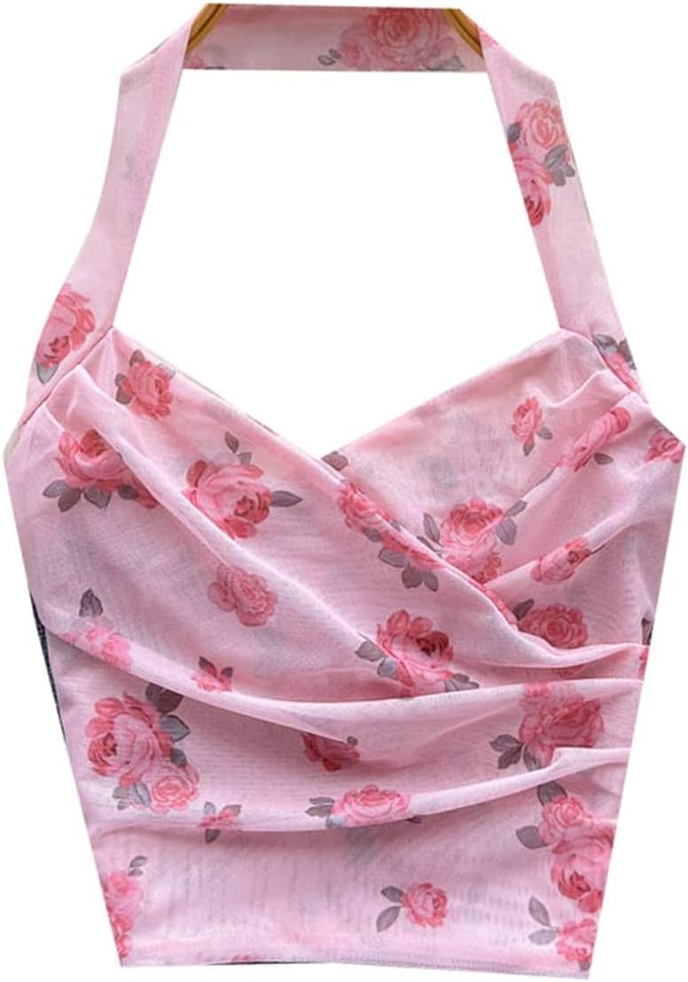 YMIKEA Pajama Tops for Women, Floral Print Sweet Tanks and Camis Feminity Hault Crop Tops off Shoulder Chic Mesh Woman Camisoles