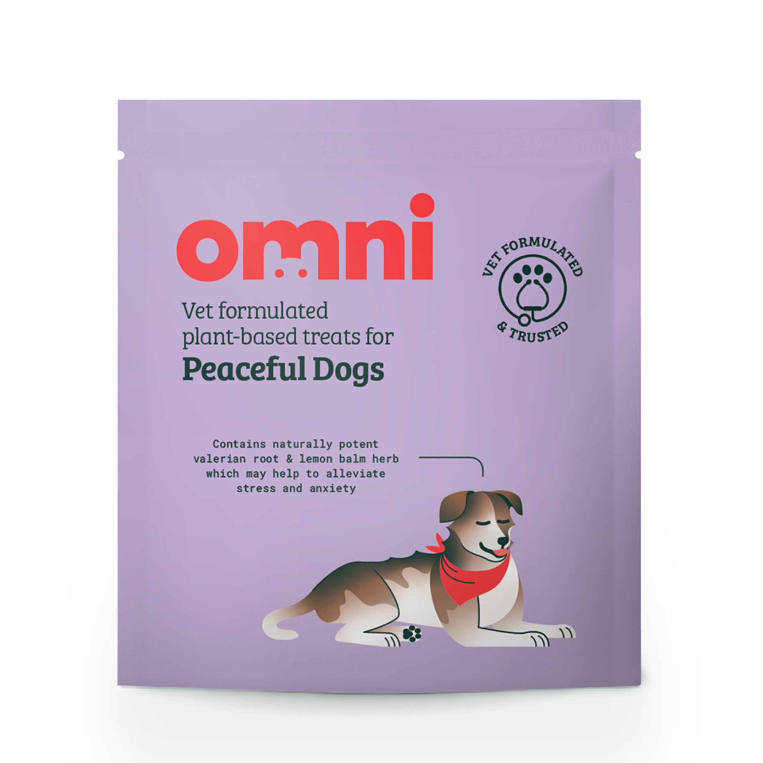 Omni Natural Calming Dog Treats - Anxiety Relief Treat for Nervous Dogs with Valerian Root & Lemon Balm, Plant Based Vet Formulated Dog Training Treats for Puppy & Adult, For 8 Weeks Old Plus, Single