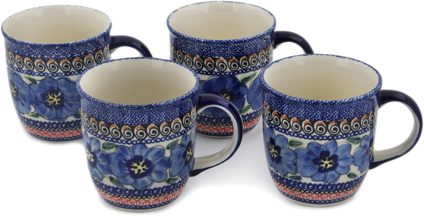 Polmedia Polish Pottery Set of Four 12oz Mugs 12 oz UNIKAT - Regal Bouquet Pattern Handmade in Boleslawiec Poland + Certificate of Authenticity