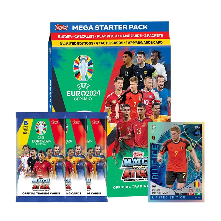 Topps Official Euro 2024 Match Attax - Starter Bundle - Contains a Mega Starter Pack, 3 packets of EURO 2024 Match Attax plus an online exclusive Kevin De Bruyne Blue Ice Limited Edition card!