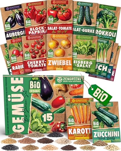 ZenGreens® - Bio Gemüsesamen Set - 15 Gemüse Samen für den einfachen Anbau im Garten, Balkon oder Hochbeet - ökologisches Saatgut - Pflanzensamen - Gemüsesamenset