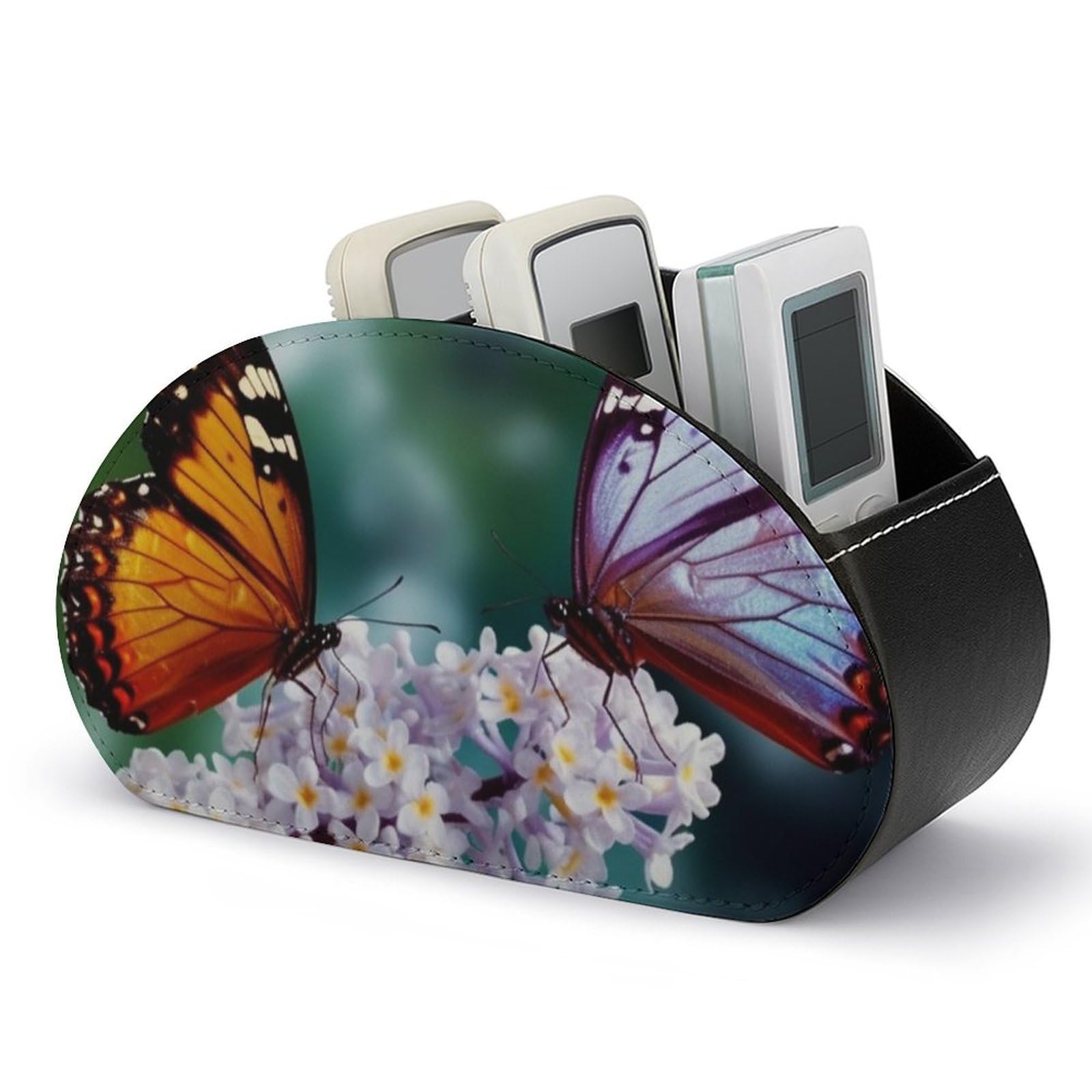 NTVOWPZO Beautiful Butterflies Remote Control Holder with 5 Compartment Organizer Box, Leather TV Remote Holder Organizer Caddy for Table, PU Leather Remote Box for Nightstand Office Desk Storage Box