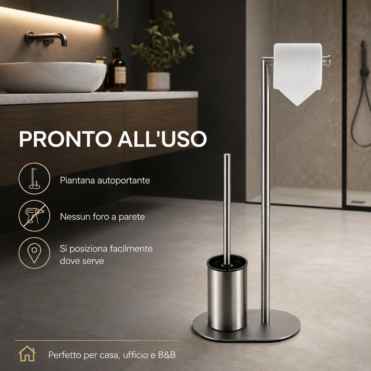Piantana Bagno Portarotolo e Scopino WC da Terra in Acciaio Inox Spazzolato, Porta Carta Igienica Salvaspazio con Scopino per Bagno Moderno, Supporto Autoportante per Toilette