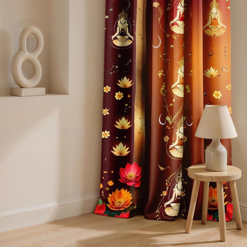 Image of Ultimate Trends Festival Themed Light Filtering Polyester Curtain Diya, Lantern, Lotus & Fireworks Print | Ideal for Diwali, Pooja Room, Living Room Dcor | Eyelets|, 5 FEET (Pack of 2)