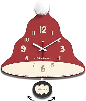 Christmas Clock for Wall, 14 Inch Battery Operated Santa Hat Wall Clock with Swing Pendulum, Silent Quartz Movement, Christmas Decor for Living Room Bedroom Indoor Red