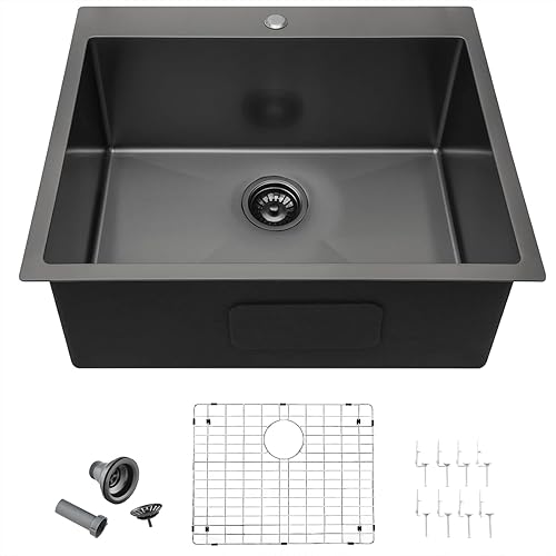 Friho Fregadero de cocina negro de 25 x 22 pulgadas, fregadero cuadrado de acero inoxidable para lavandería al aire libre, cuenco individual