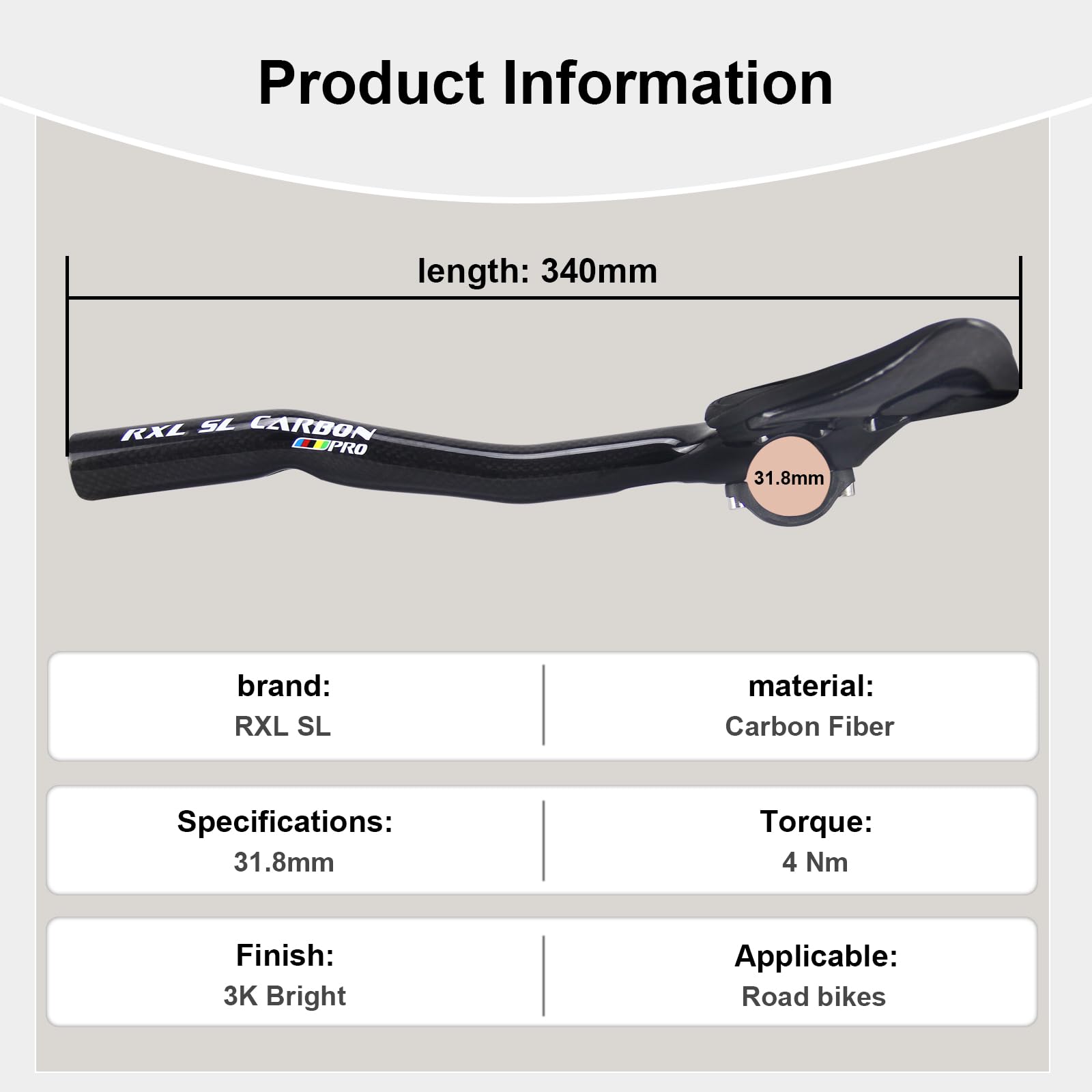 RXL SL Manubrio Bicicletta 31.8 Manubri TT 340mm Manubrio in Carbonio Aero Appendici Manubrio MTB per Mountain Bike o Road Bike 3K Lucido