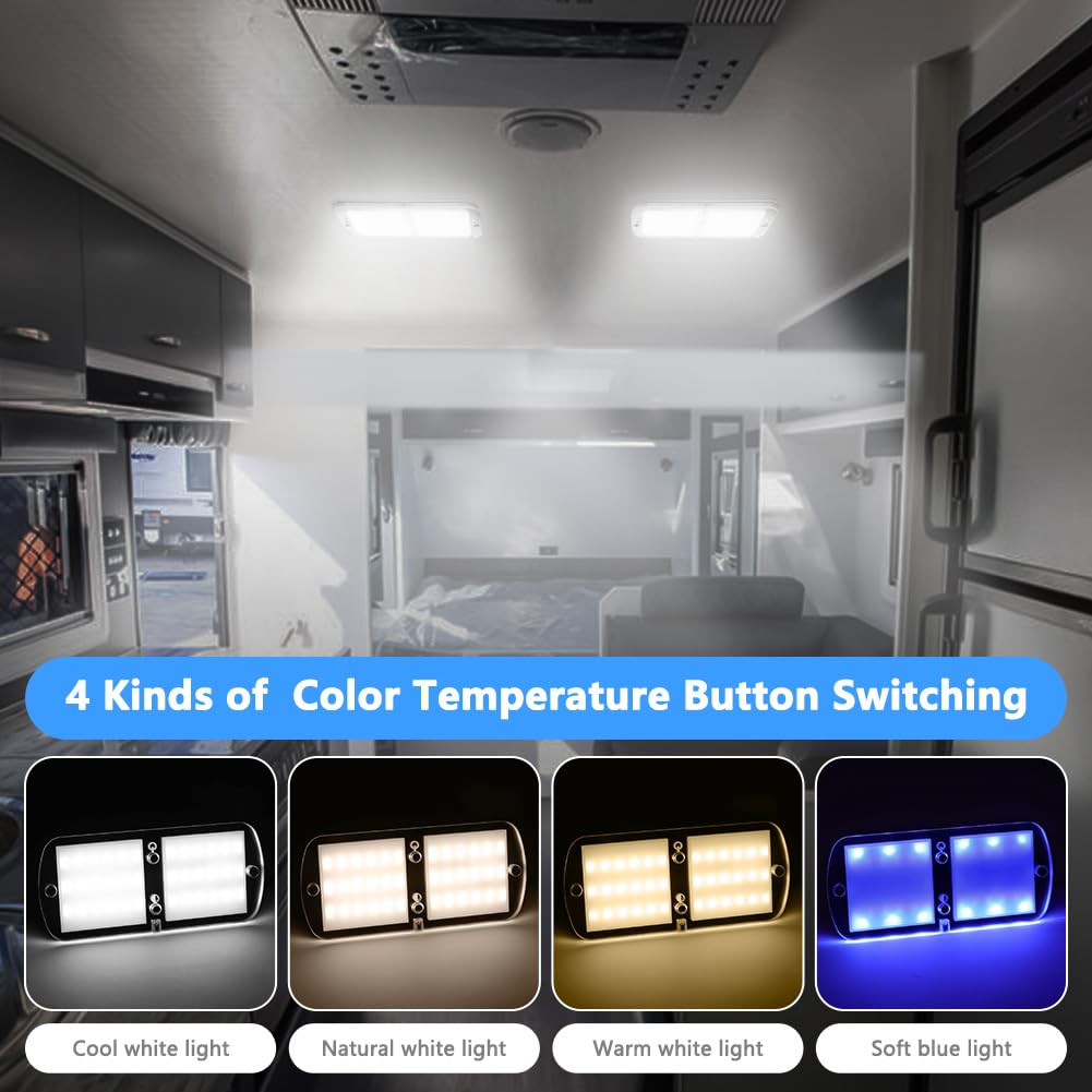 URAQT Plafonnier LED 12V Camping-Car, 2 Pièces 800LM 72 LED Intérieur de la lumière de RV avec Interrupteur Marche, 4 Modes Lumière Télécommandée, Dimmable, Intérieur pour Camion/Voiture/Bateau