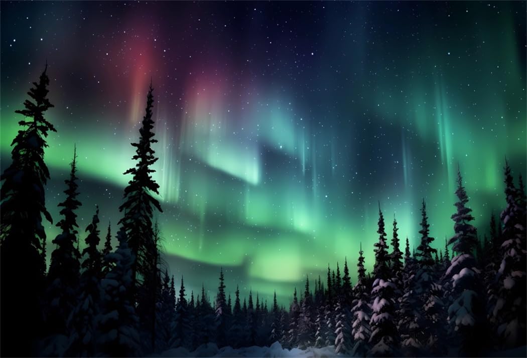 AOFOTO 10x8ft Arctic Light Backdrop Northern Sky Lights Snow Mountain Pine Tree Forest Scenery Background Norway Winter Landscape Starry Stars Night