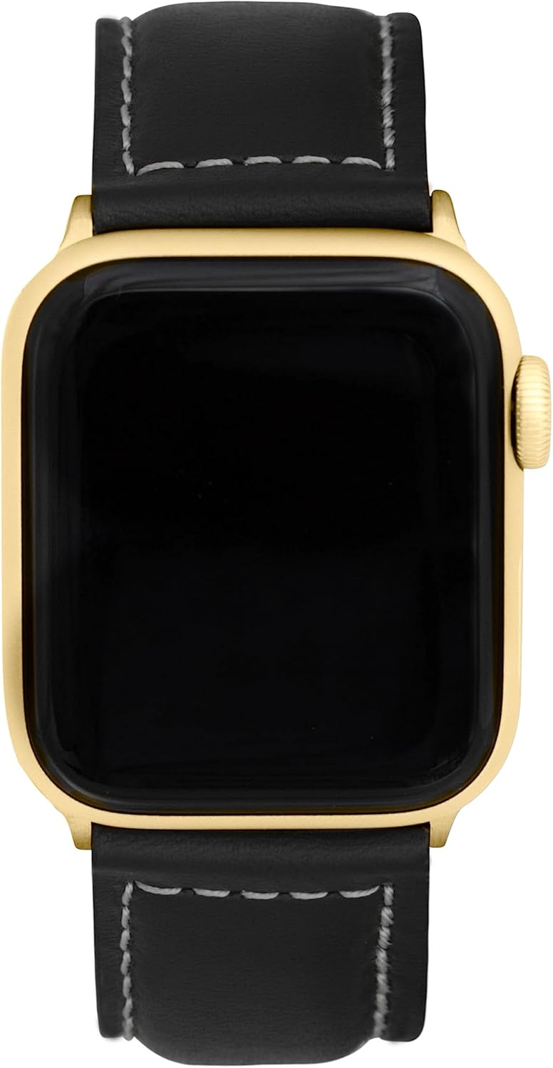 Bandini Mens Classic Leather Band for Apple Watch Band 46mm 45mm 42mm 44mm 41mm 40mm 38mm 49mm & Ultra 1 & 2, fits Apple Watch Series 11 10 9 8 7 6 5 4 3 SE, Extra Long XL, Black/Stitch/Gold