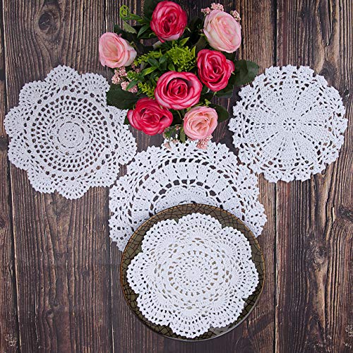 TOSEEY 14Pcs 100% Cotton Hand Crochet Doilies 3-10 inches Round White Beige Vintage Wedding Tea Party(White) - Thumbnail 4