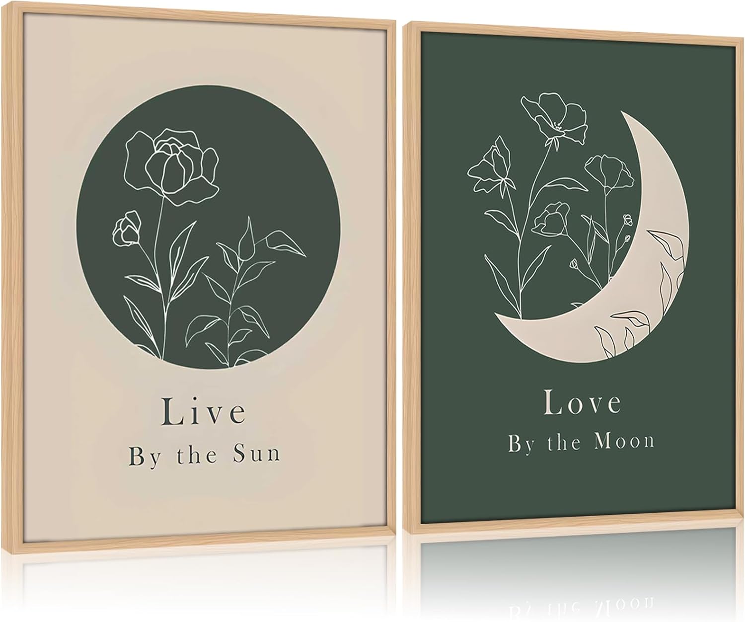 Framed Green Boho Sun and Moon Wall Art Set of 2 for Bedroom Modern Abstract Line Art Canvas Prints Motivational Quotes Picture Wall Decor Minimalist Bohemian Paintings for Living Room16x24Inches