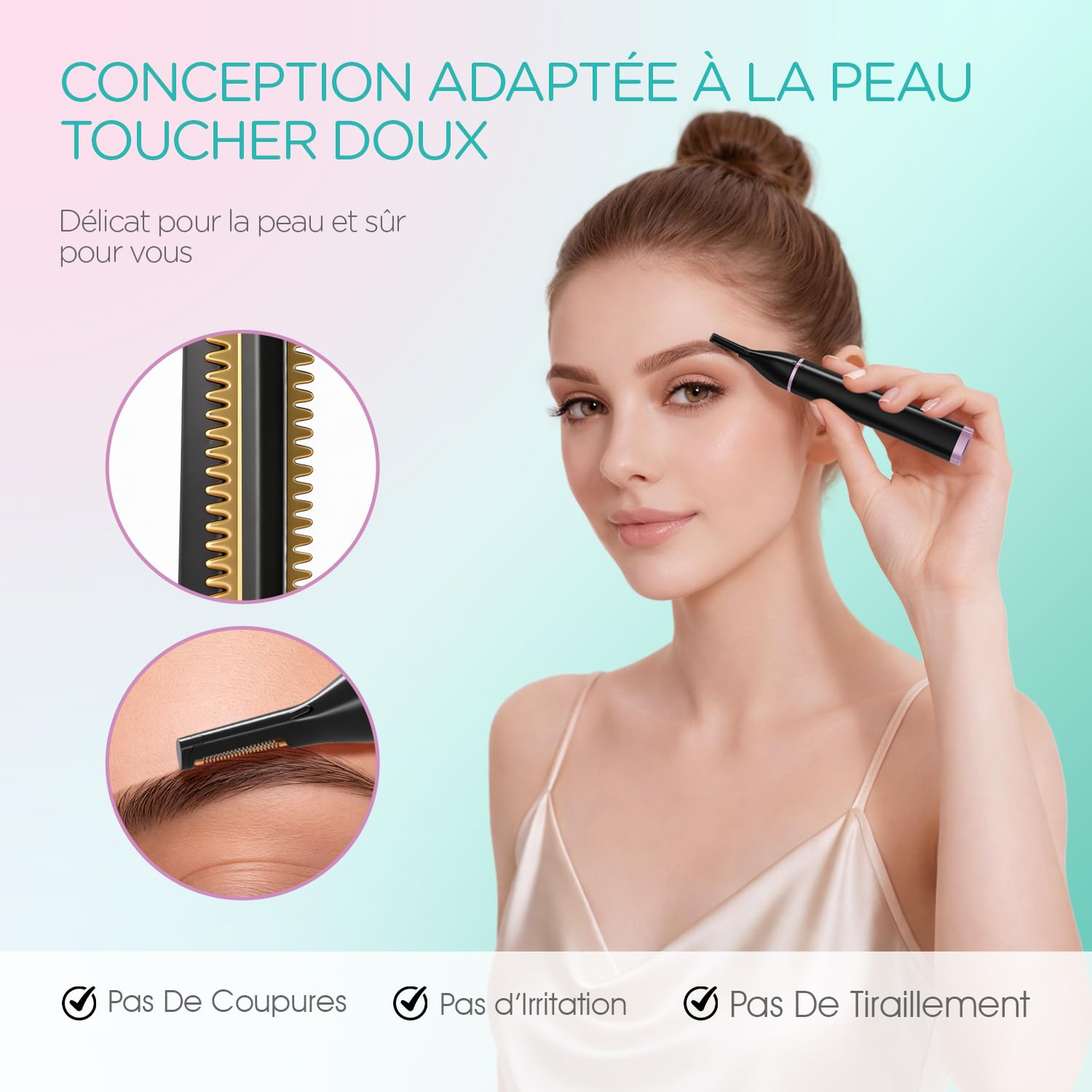 VOGOE Épilateur Visage Femme 3-en-1, Tondeuse à Sourcils Électrique Indolore, Rechargeable et Étanche avec Peigne, pour Sourcils, Lèvre Supérieure, Menton et Joues (Noir)