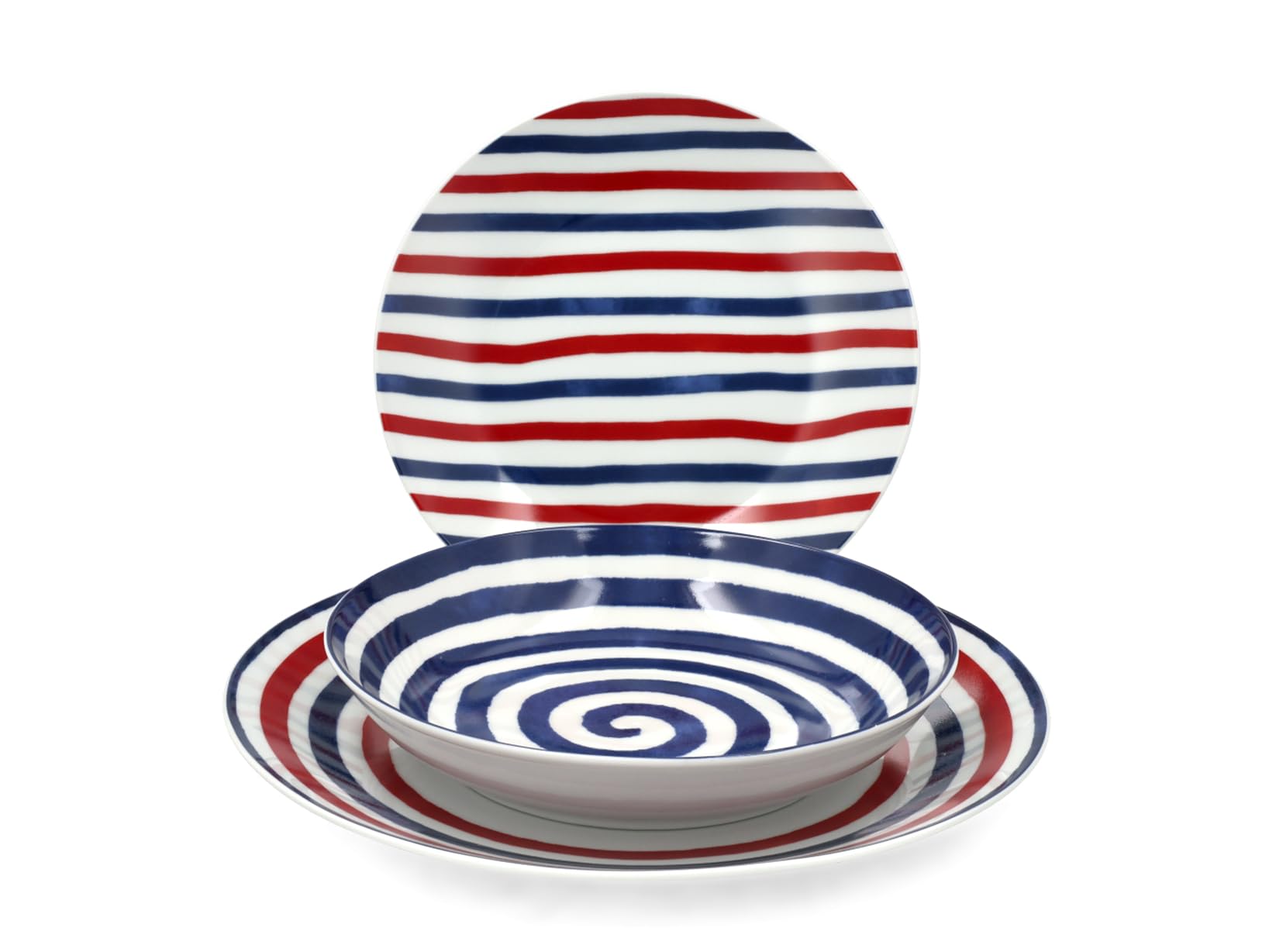 H&H Servizio Tavola Graphic da 18 Pezzi in Porcellana – Set Piatti per 6 Persone con Decoro a Righe Blu, Rosse e Bianche – Design Moderno e Funzionale