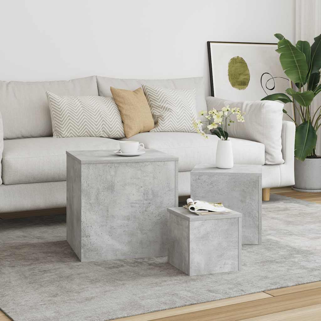 SXZenSpace Set of 3 Nesting Side Tables Concrete Grey Engineered Wood 45/35/24 cm Cube for Living Room Bedroom Sofa Bedside Coffee End Occasional