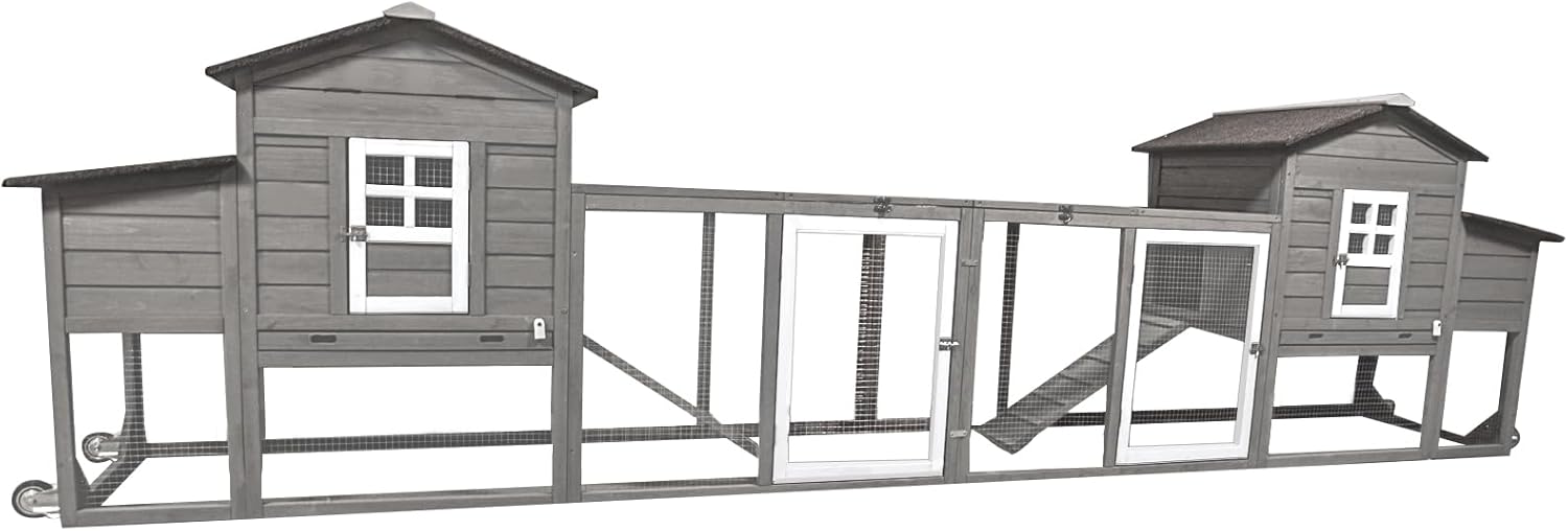 PetsCosset 158in Chicken Coop Wooden Indoor Outdoor for 1-6 Chickens Extension Chicken Houses with Removable Tray Nesting Box and Run（Set of Two）, Grey