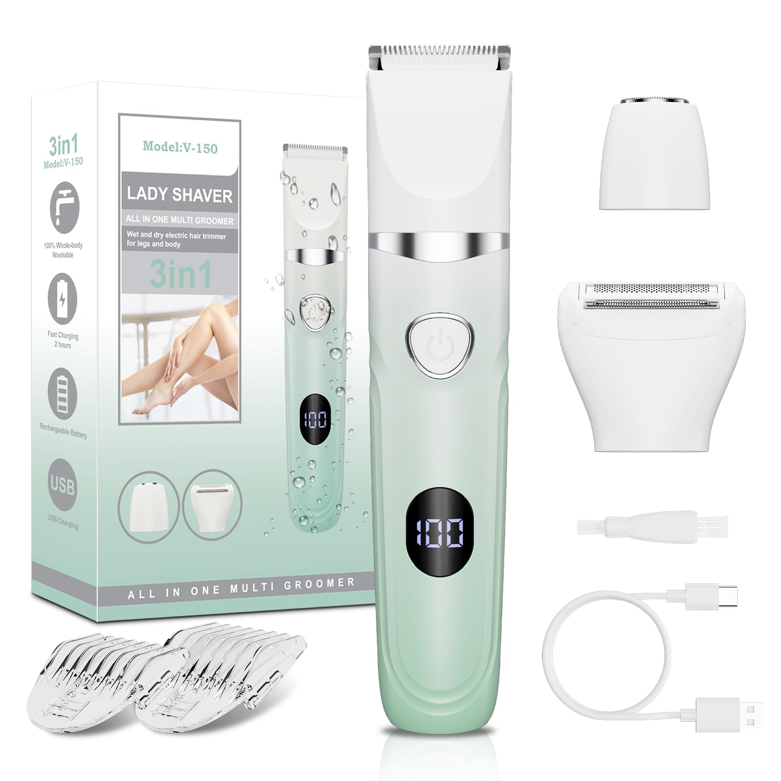Recortadora de bikini para mujer, maquinilla de afeitar eléctrica 3 en 1 sin dolor para piel de seda, afeitadora de pelo corporal húmedo/seco para cara, nariz, cejas, brazos, axilas, piernas, zona