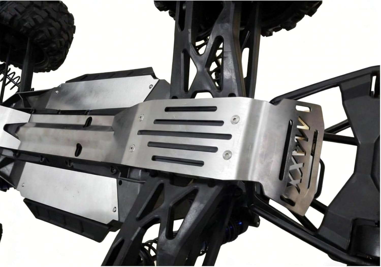 Stainless Steel Chassis Armor Skid Plate 5PCS for Traxxas X-Maxx 6S 8S - Front & Rear Screw-Mount + Center Tape-Fixed Underbody Protection - Hollow Design Upgrade for 1/5 Scale Monster Truck