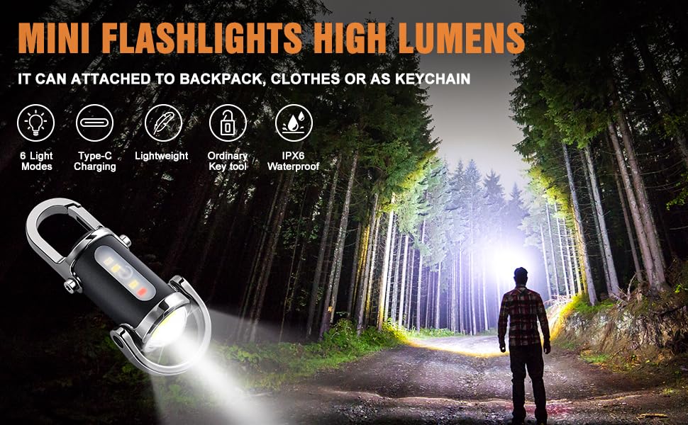 Image of Portable Rechargeable Bright Keychain Flashlight, 6 Light Modes Waterproof, Compact Pocket Light for Night Working, Running, Walking, Camping, Fishing, Hiking
