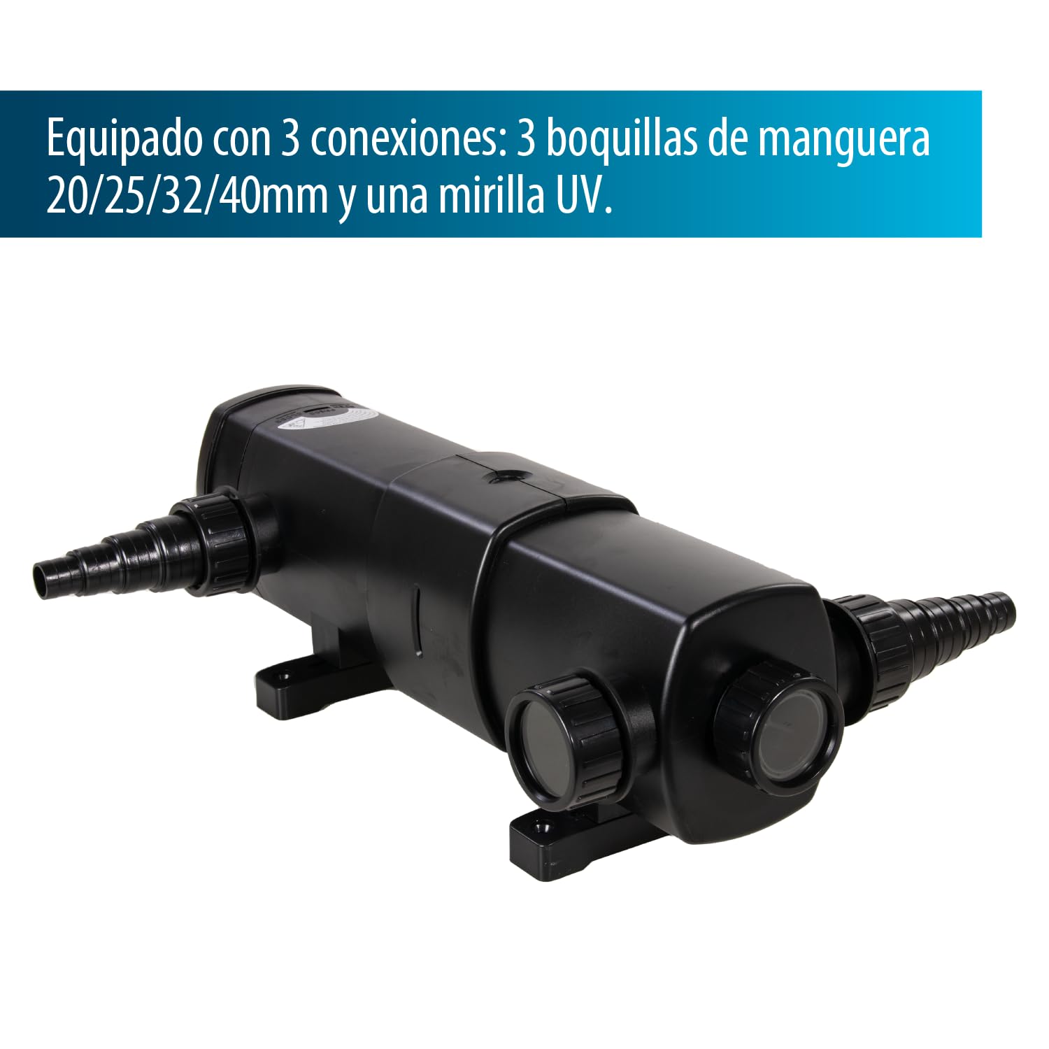 AquaForte GUV-224 UV-C, Estanque máx. 35 m³, caudal máximo 4,5 m³/Hora, 24 W, Carcasa con Conector de Bloqueo rápido, 3 boquillas de 20/25/32/40 mm y Vidrio de visión UV, Interior en Forma de Helix