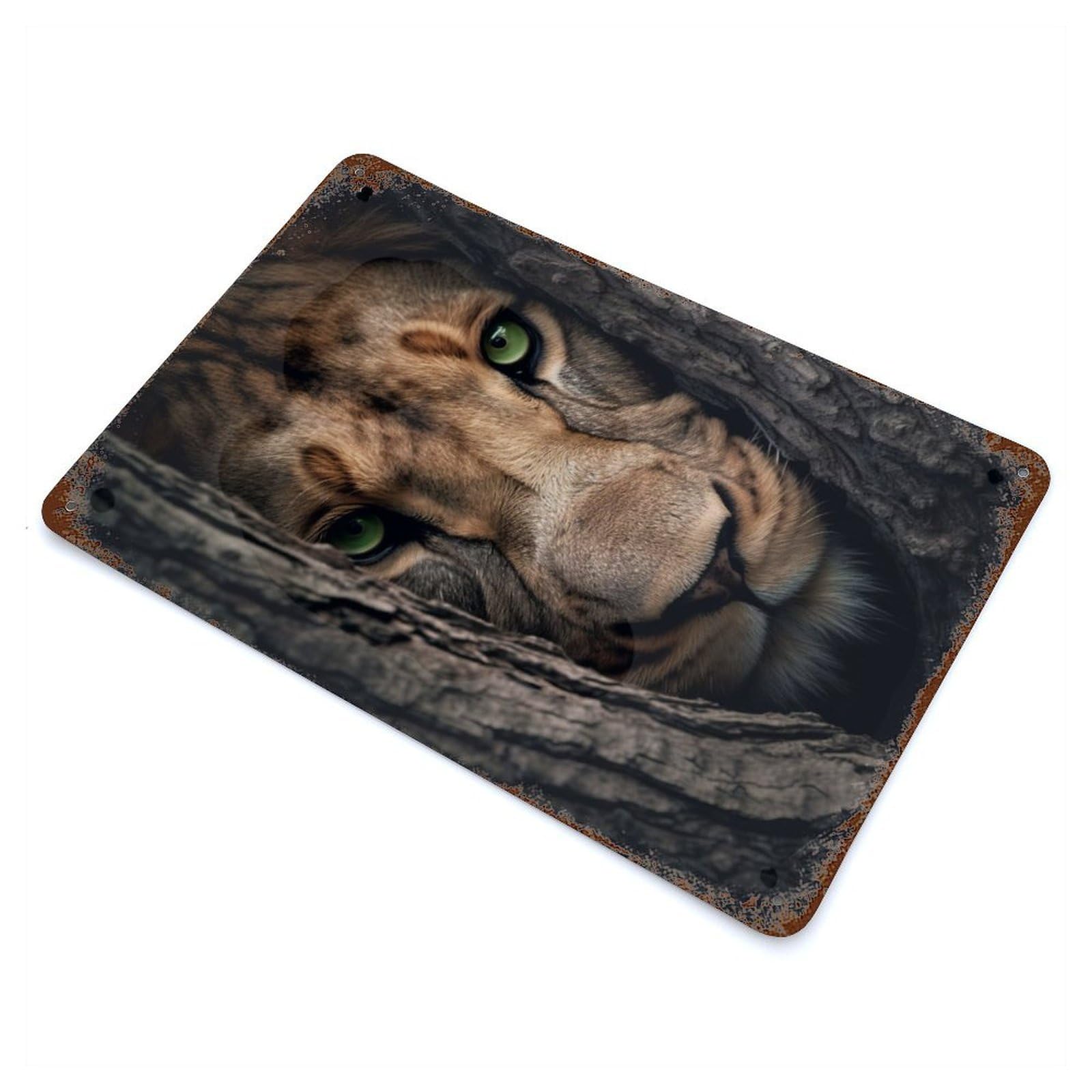 Weathered Tin Sign with Beautiful Lioness Hiding Design 11.8"x7.9", for Basement, Hobby Room And Garage Decor, Industrial Home Decor