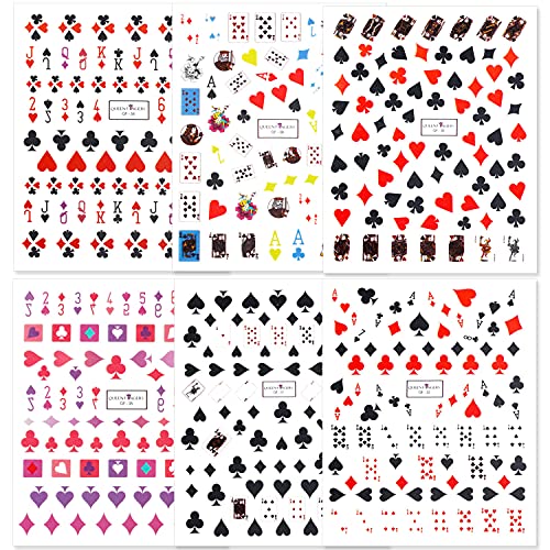Fexo Poker Nail Art Stickers Decals 3D Nail Art Supplies Fashion Playing Cards Designer Nail Sticker Red Heart Diamond Spades Geometric Letter Nail Designs Sticker For Acrylic Nails (6 Sheets) #TOP5