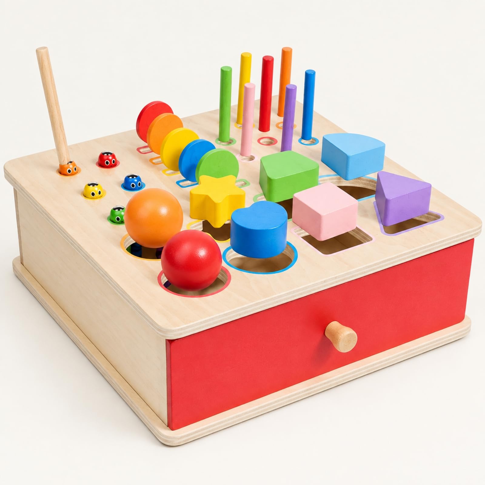 Scatola di attività in Legno con Cassetto Metodo Educativo Gioco di Inserimento Forme e Pioli con Parti Arrotondate Giocattolo Educativo per Casa