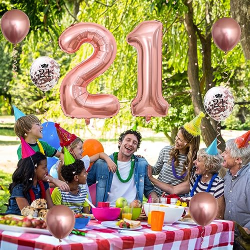 Image of 21st Birthday Balloons Rose Gold, Decorations for Him With Large Number 21 Foil Balloon, Confetti Metallic Latex Balloons for Her Girls 21 Years Old Bday Decor