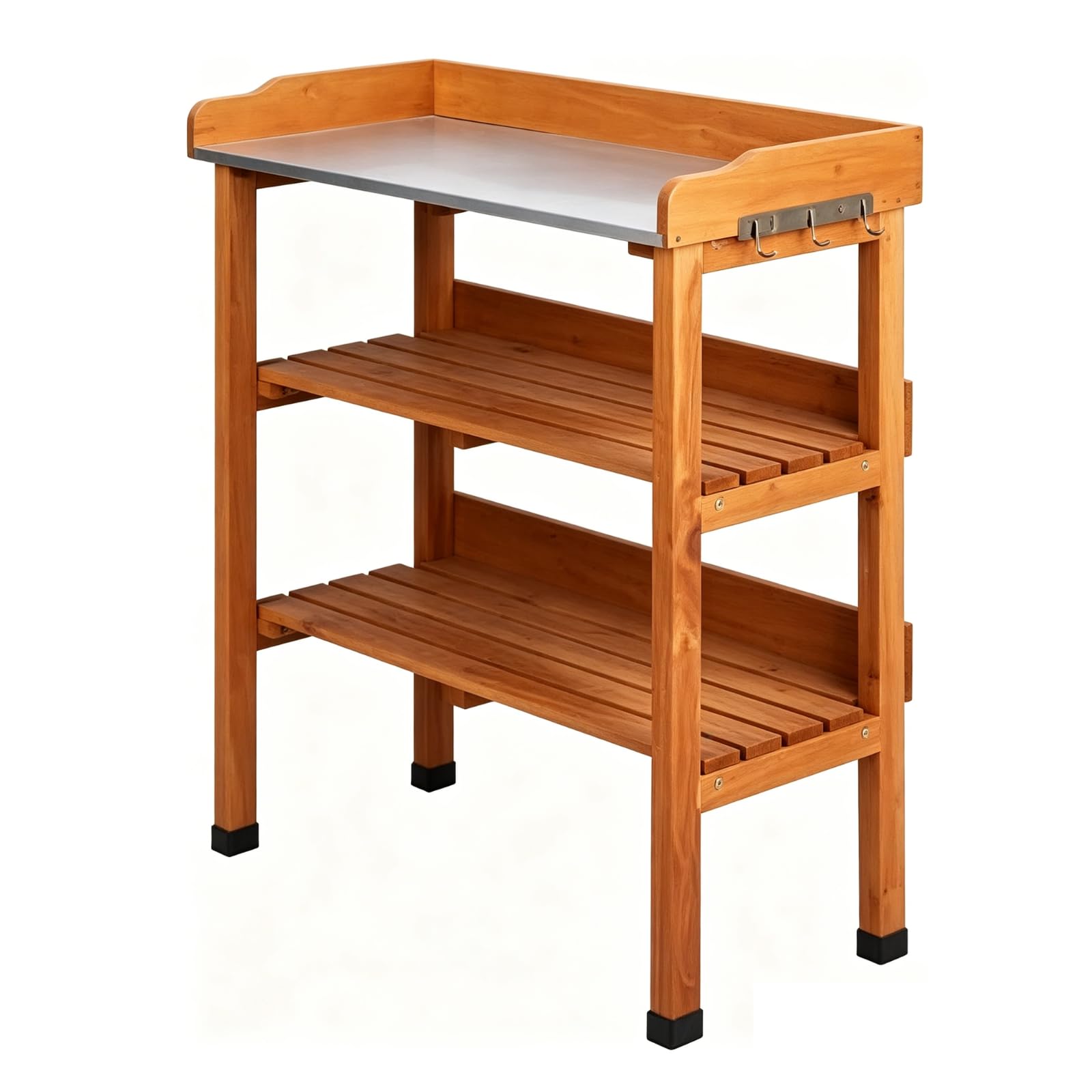 Pflanztisch, 74 x 36 x 90 cm, pflanztisch Outdoor wetterfest | für Garten/Balkon/Terrasse, Verzinkte Arbeitsplatte, zweistufiges Regal und 3 Haken, Natürliche Holzfarbe