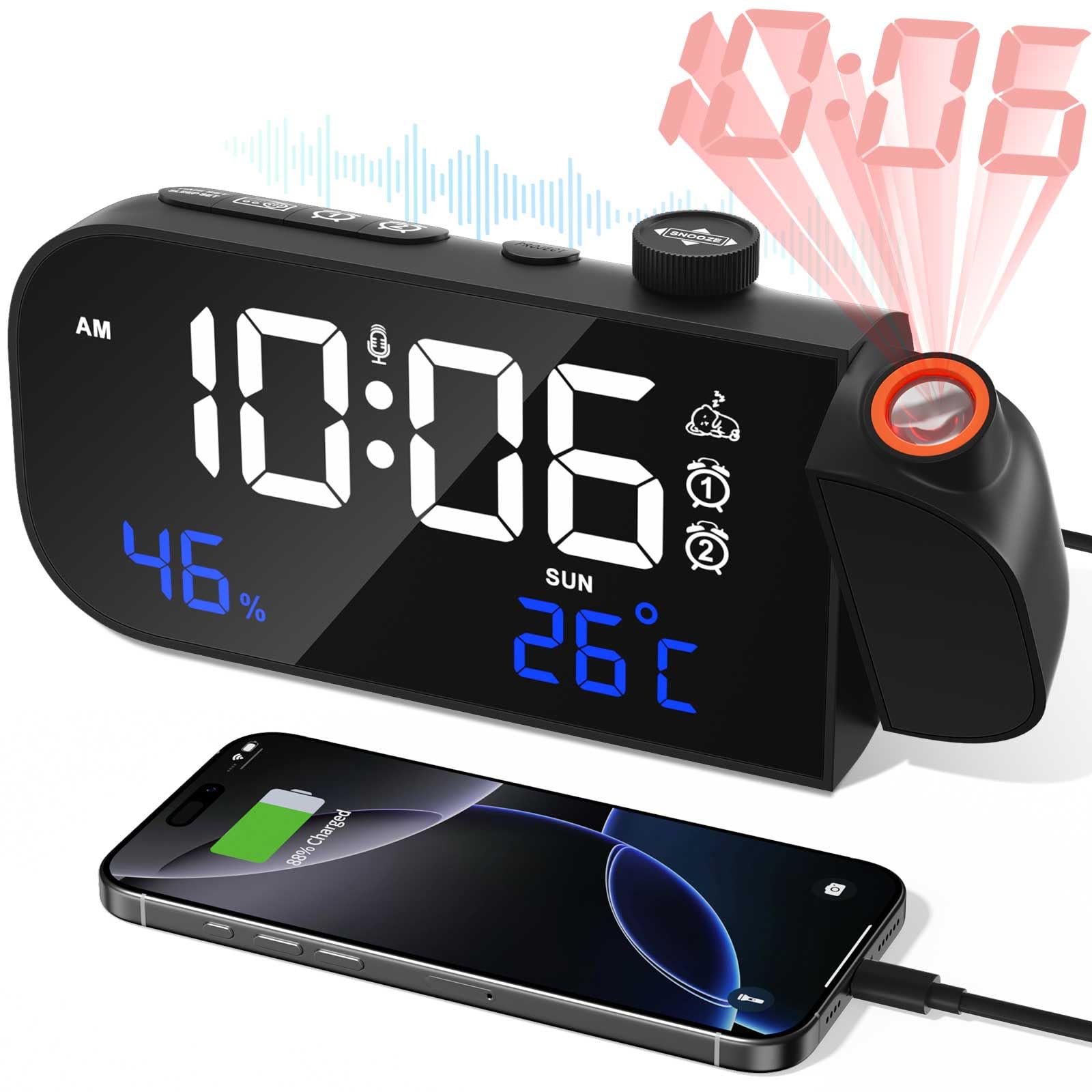 MOSUO Wecker mit Projektion, Radiowecker mit Temperatur und Luftfeuchtigkeit, Digital Projektionswecker, Lauter Digitaler Wecker für Schlafzimmer, mit 2 Weckzeiten, Sprachaktiviert, Dimmer, 7 Musik