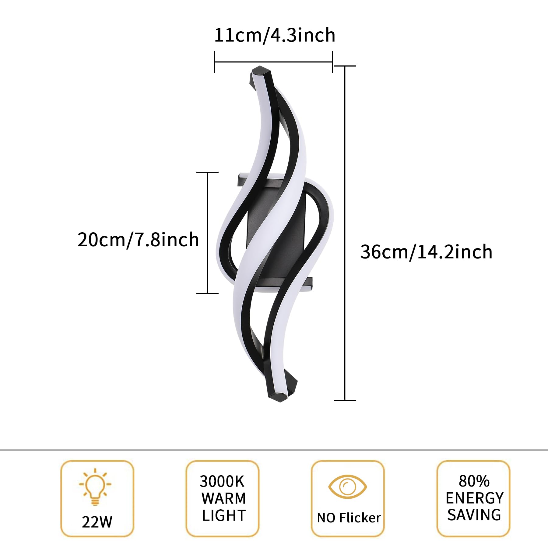 KUKAK Applique da Parete Interno,22W LED Luce Bianco Caldo 3000K 1800 Lumen Lampada da Parete,Moderno Design Curvo Lampade a Muro,Aplique Alluminio per Bagno Soggiorno Camera da Letto Scale Corridoio