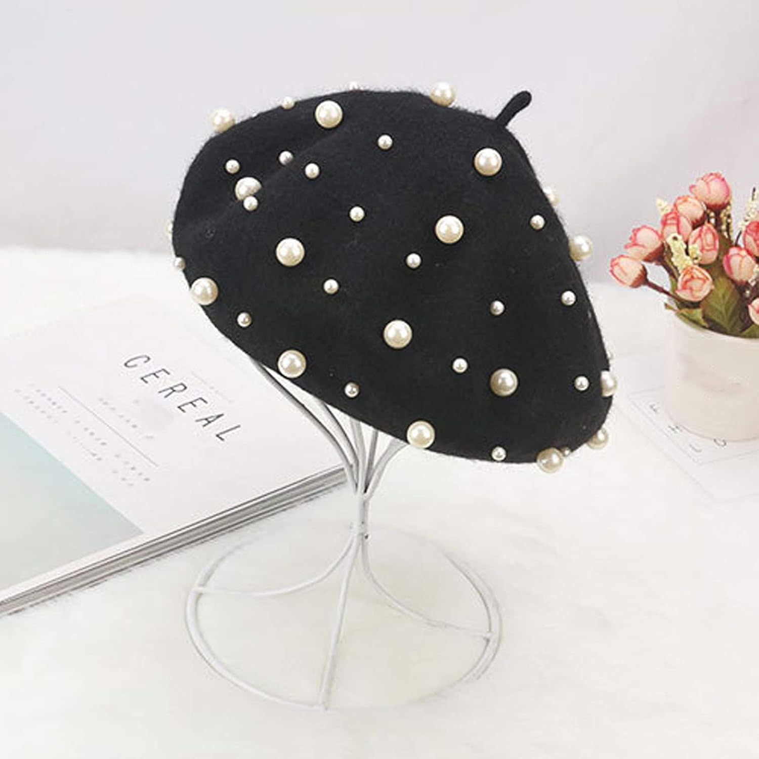 Women Beret Pearl Elegant Sweet Artist French Style Beret Beanie Cap - Image 8