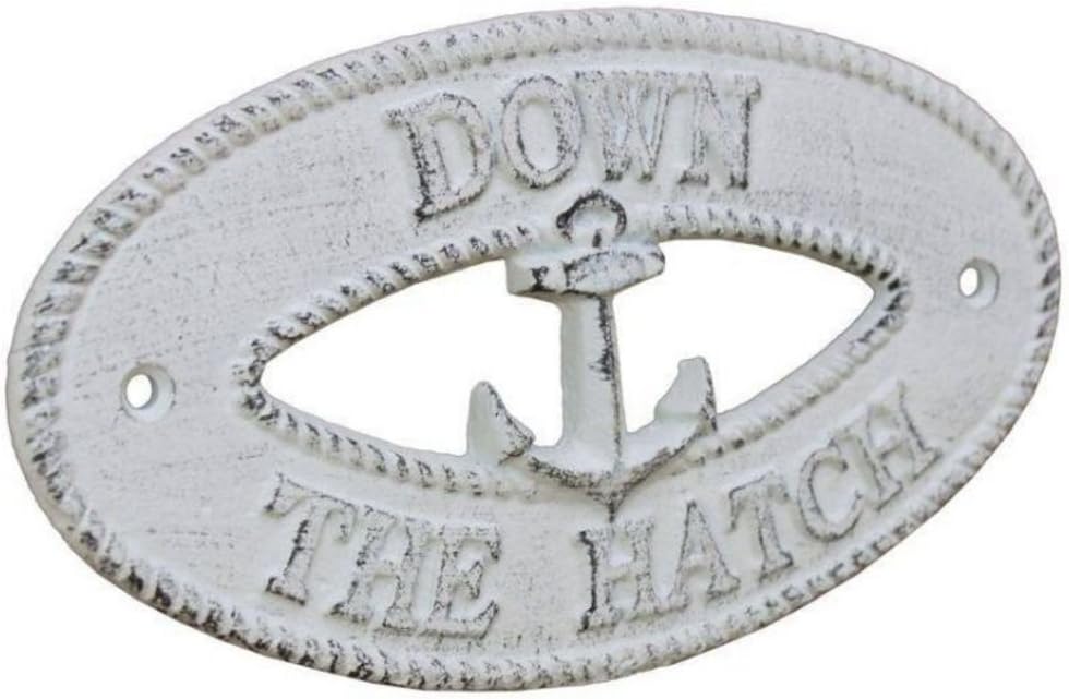 Hampton Nautical Whitewashed Hatch with Anchor Sign 8"-Decorative Metal Wall Art-Cast Iron Nautical