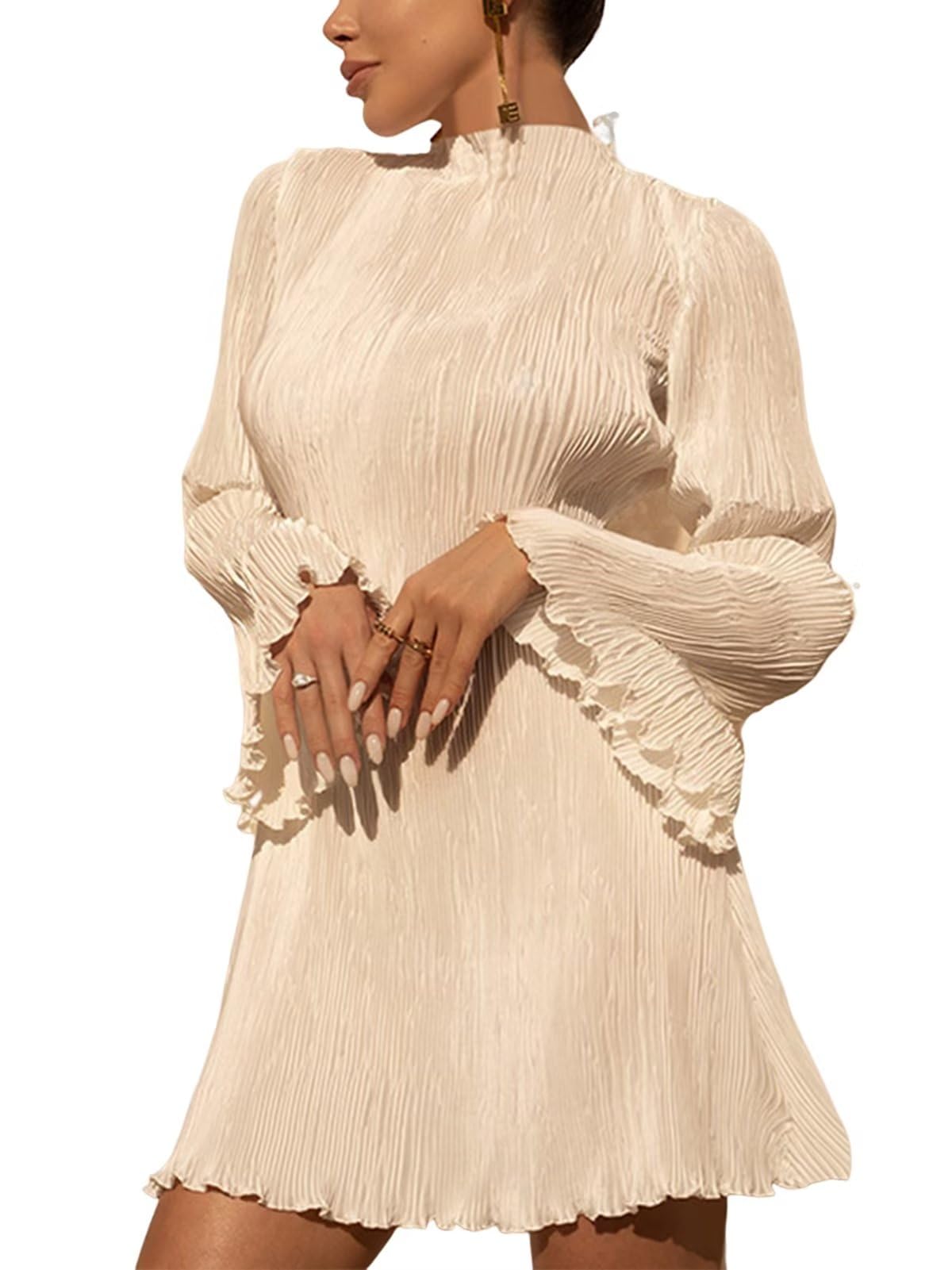 Annystore Women's Bell Long Sleeve Pleated Mini Dress Casual Mock Neck Ruffle A-line Short Dresses Cocktail Party Clubwear