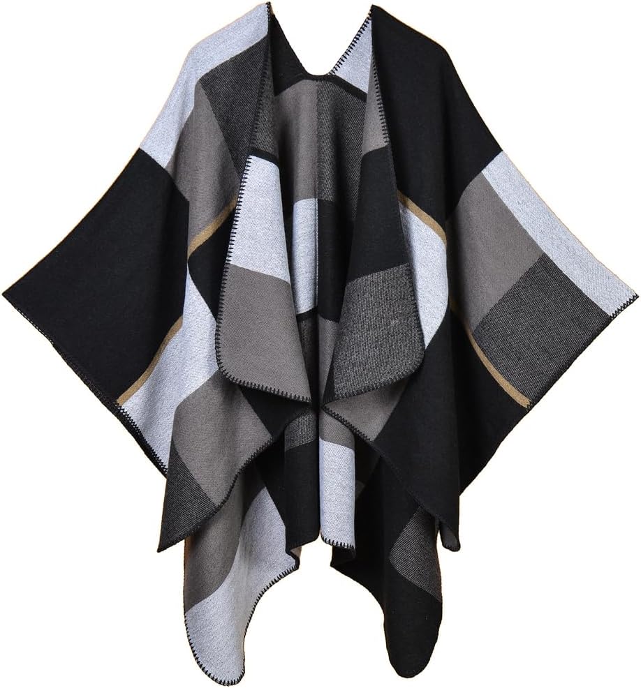 KirGiabo Women's Plaid Sweater Poncho Cape Coat Open Front Blanket Shawls and Wraps