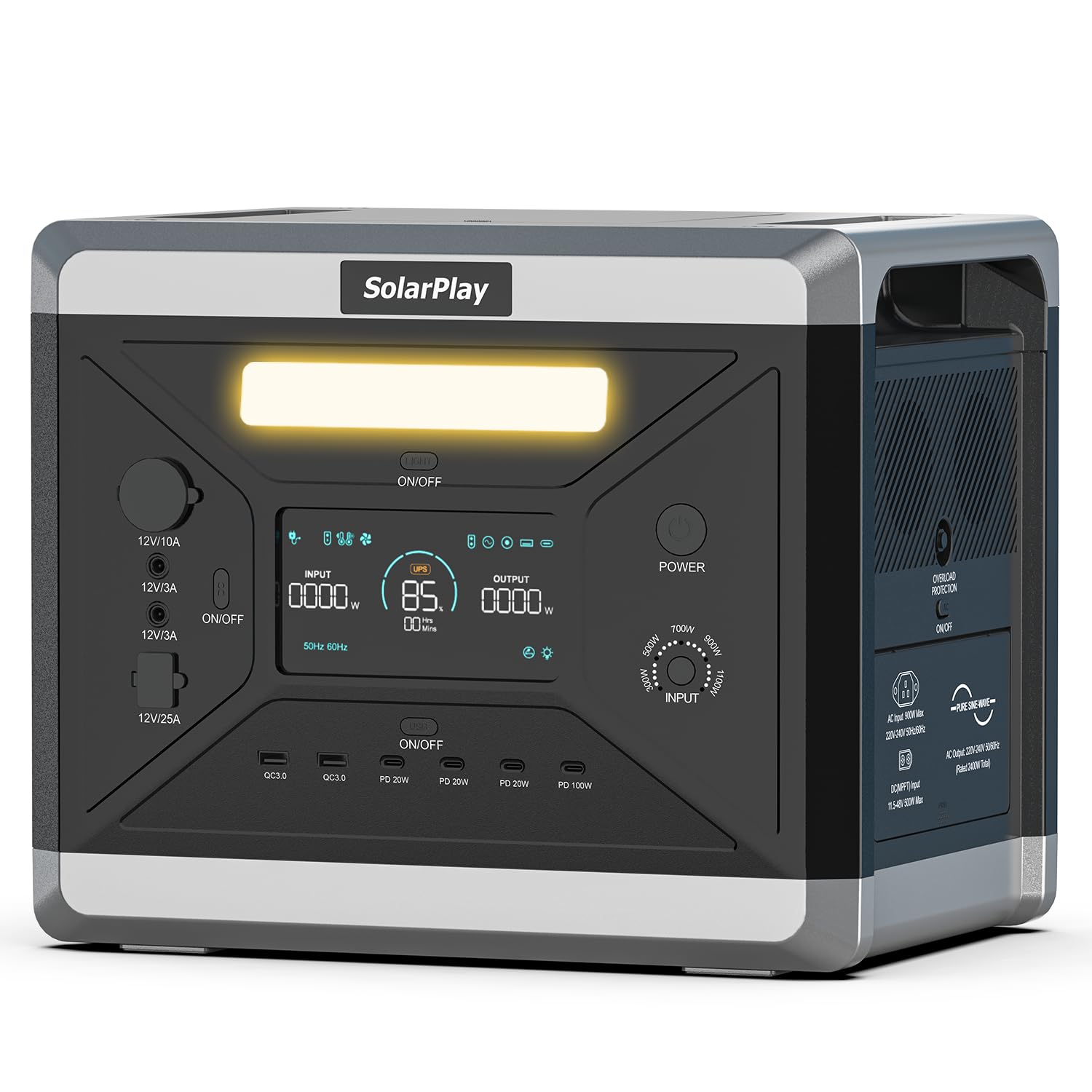 SolarPlay Q2501 Tragbare Powerstation,2160Wh/2400W Solargenerator, 12 Anschlüsse, LiFePO4 Batterie, USV, 1,5 Stunde Schnellladung für Camping, Wohnmobile & Stromausfälle