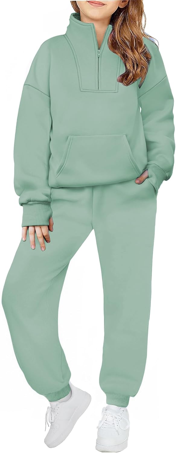 Zaclotre Girls Sweatsuit 2 Piece Outfits Fall Winter Fleece Half Zip Thumb Hole Sweatshirts and Sweatpants Joggers Set