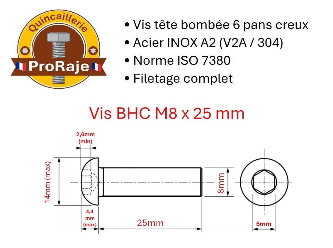 Stainless Steel Screws M8 x 25 mm Rounded Head BTR Diameter 8 x 25 mm Cylinder Screw M8 x 25 mm BHC with Allen Key Stainless Steel A2-70 (V2A/304) DIN ISO 7380-1: Pack of 20 ProRaje - Image 3
