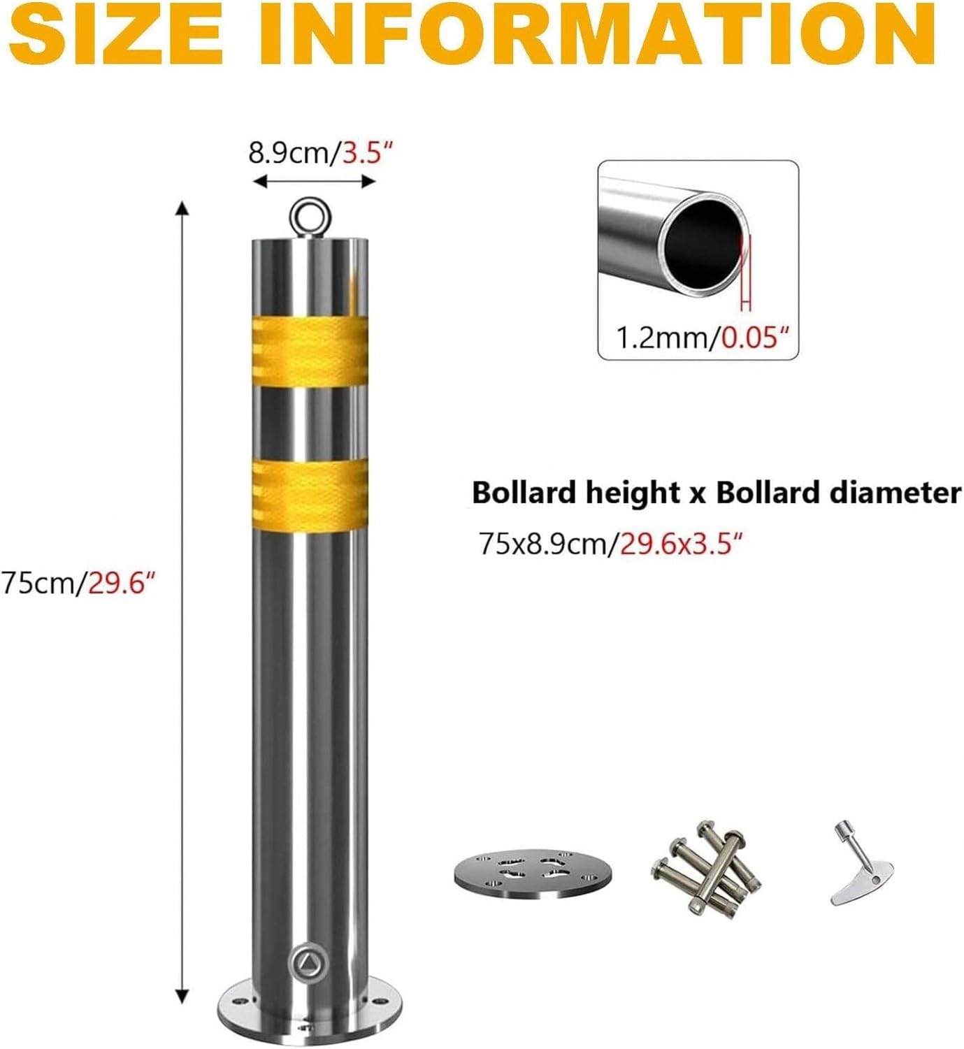 Dissuasori in Acciaio Inox, Colonnine per Delimitazione Vialetto Carrabile, Rimovibili con Chiave, per Parcheggi e Aree Privata, visibilità Garantita, Misure 75, 1PCS, 1PCS