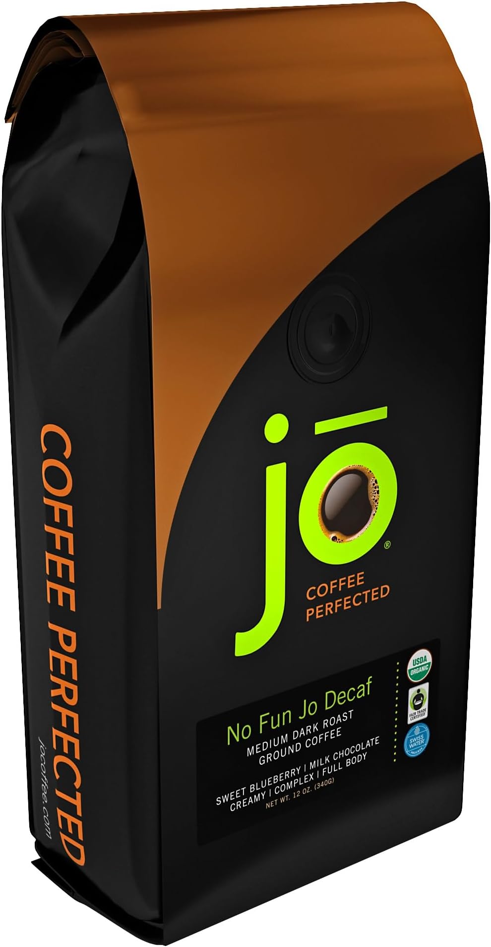 NO FUN JO DECAF: 12 oz, Organic Decaf Ground Coffee, Swiss Water Process, Fair Trade Certified, Medium Dark Roast, 100% Arabica Coffee, USDA Certified Organic, NON-GMO, Chemical Free Decaf 141