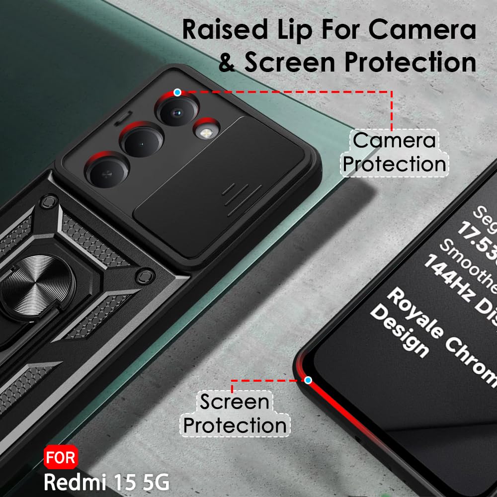 TheGiftKart Tough Armor Bumper Back Cover Case for Mi Redmi 15 5G | Sliding Camera Cover, Kickstand & Ring Holder | 360 Degree Protection Back Cover Case for Redmi 15 5G (PC & TPU, Black) — Amazon image 3