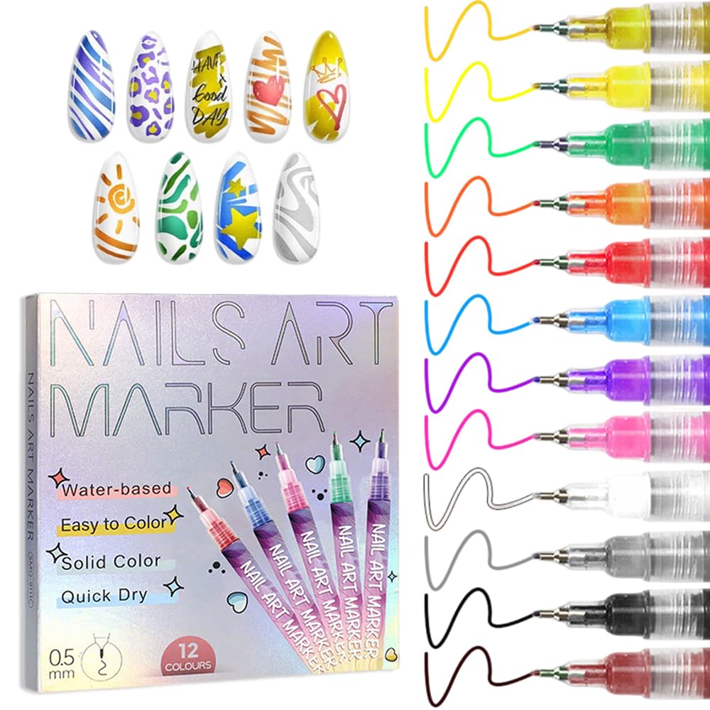 12 Colors Nail Art Pens Set, Quick Dry Smudge Proof Watertight Fine Tip | 12 vibrant colo…
