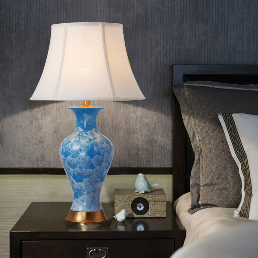 asdchZen Blue Crystallized Glaze Table Lamps With Fabric Shade, Modern Ceramic Blue Nightstand Bedside Lamp For Living Room, Bedroom-A,A