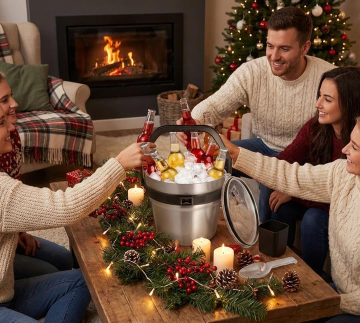 insulated ice bucket with lid & scoop-xl double-walled, bar essentials for entertaining, holiday party, stainless steel wine chiller, beverage tub with handle, bottle opener, great gift(steel black)