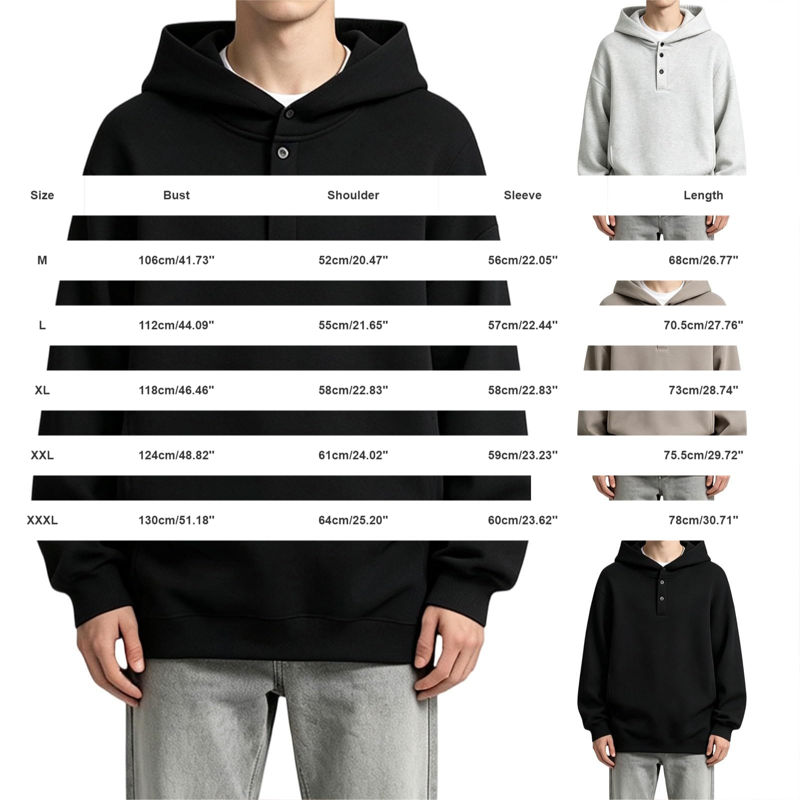 Sudadera para hombre con cuello Henley con capucha y medio botón